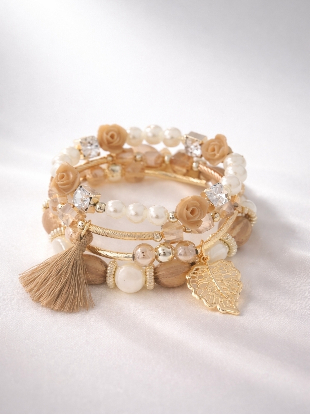 Pearls and Taupe Beaded Stacked Bracelet 14k Gold Plated